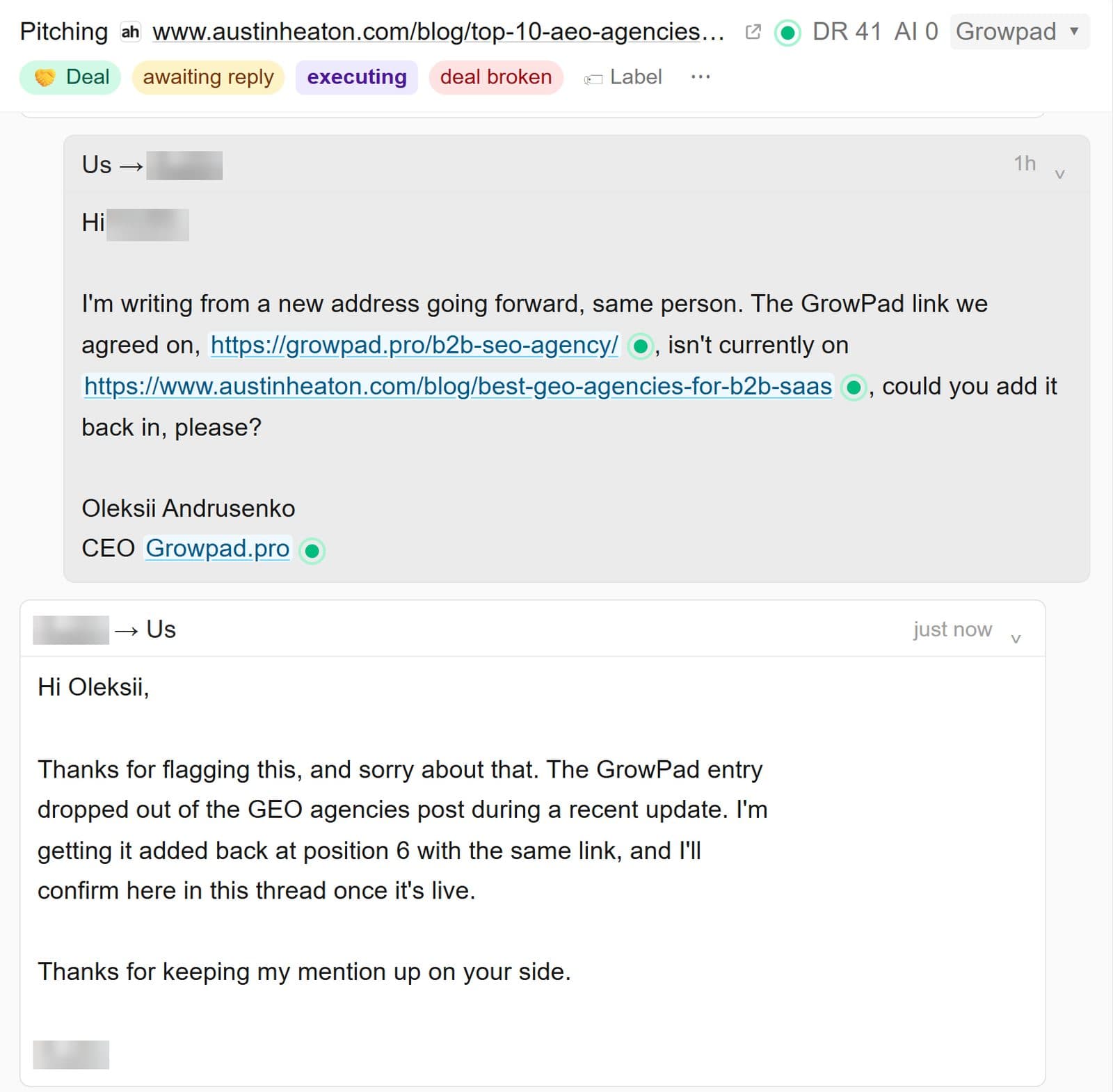 GEOboom thread with austinheaton.com: the email asking for the GrowPad link to be restored, and the publisher's reply an hour later