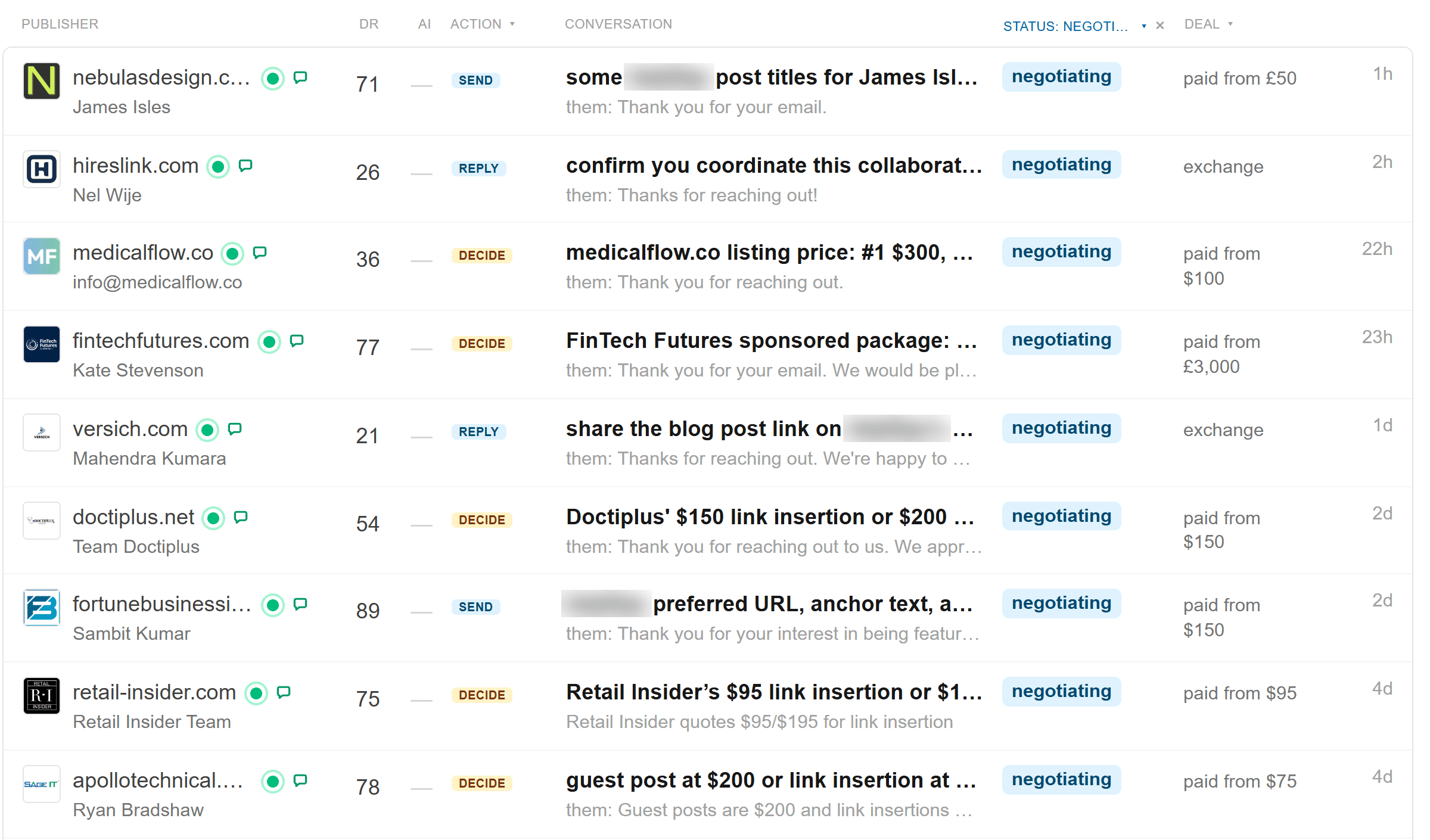 GEOboom inbox showing publisher replies with domain rating, conversation summary and offer for each thread; client name blurred