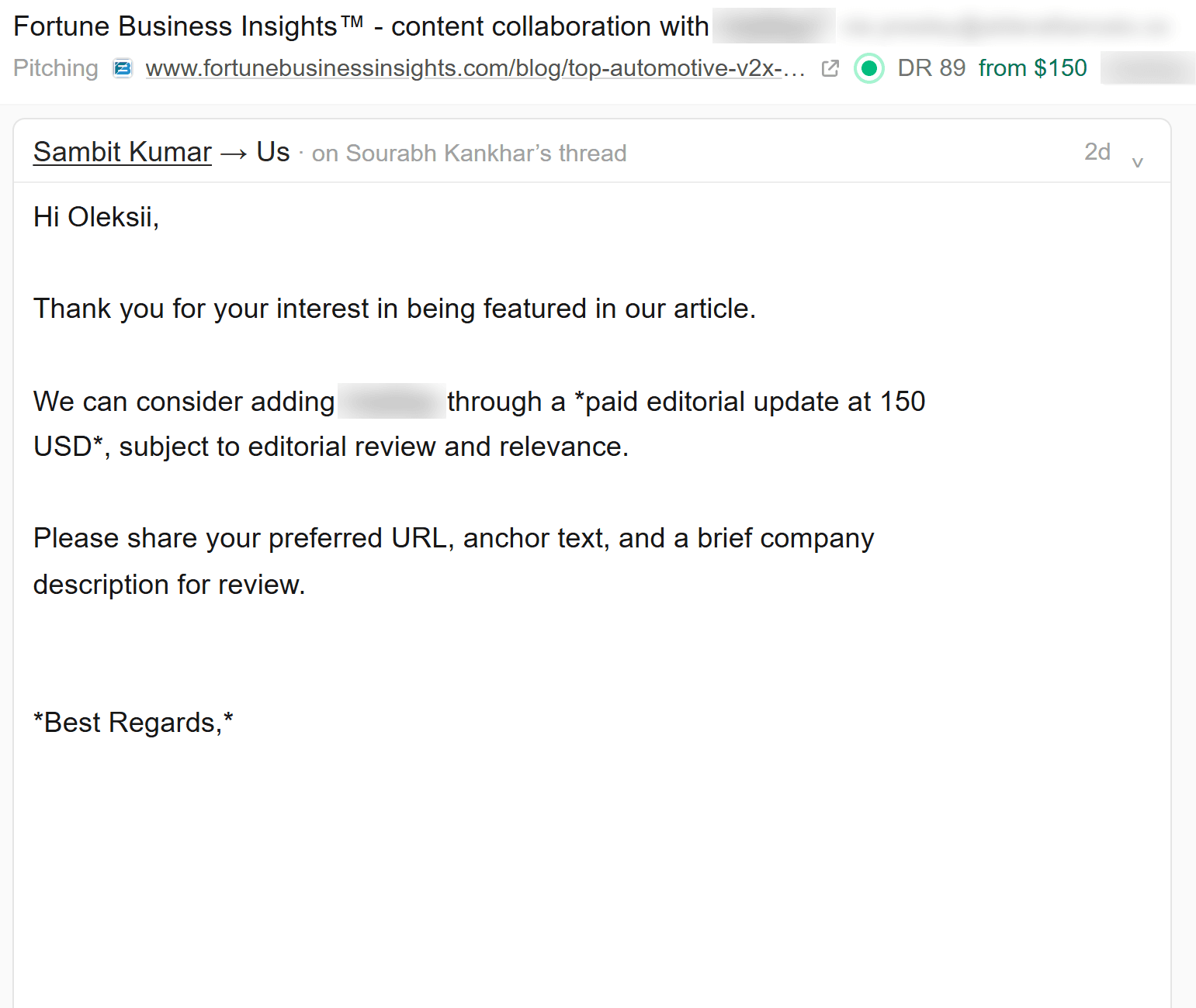 Reply from a DR 89 market research publisher offering a paid editorial update at $150