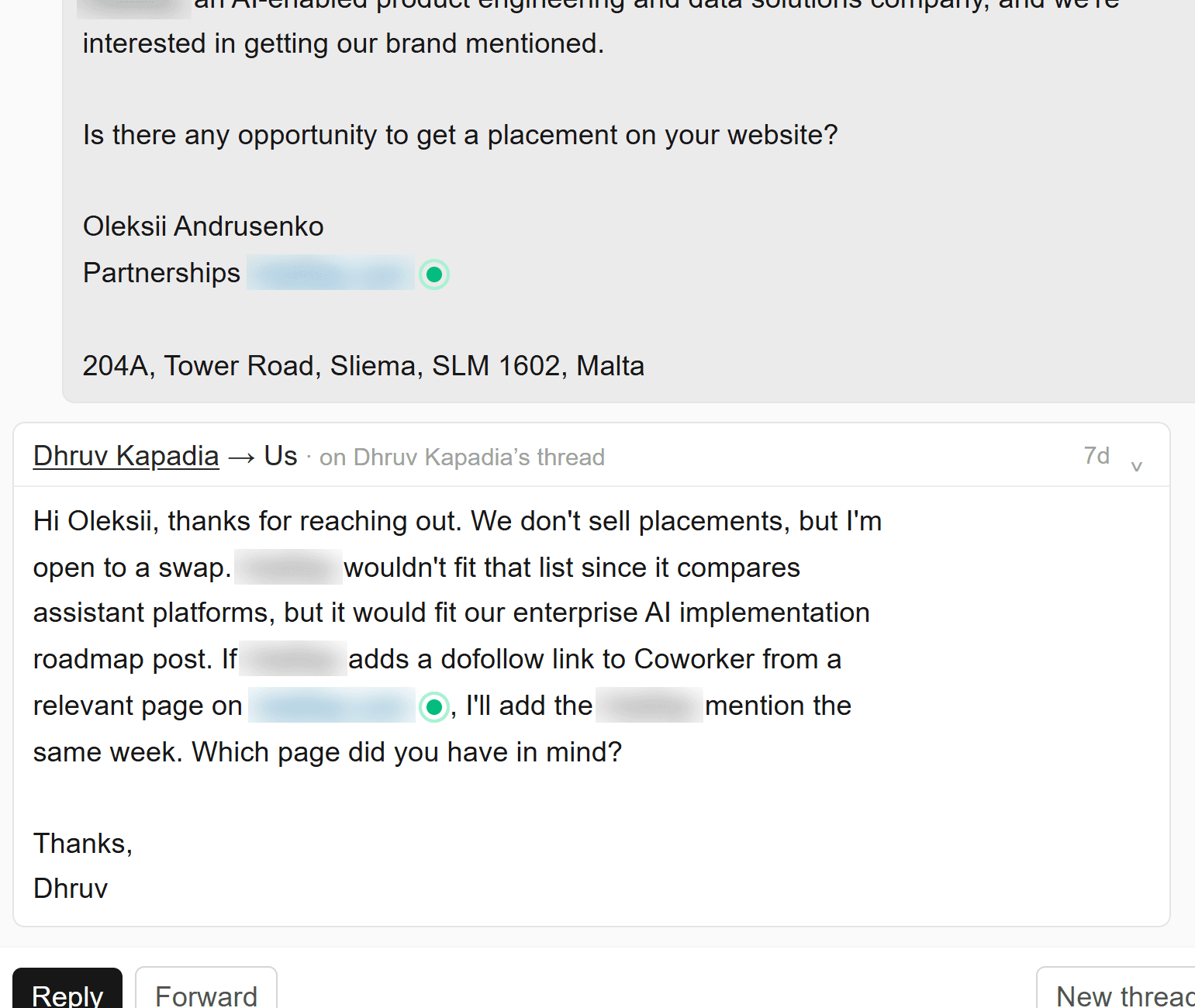 Reply from a DR 55 enterprise AI publisher offering a mention in exchange for a dofollow link