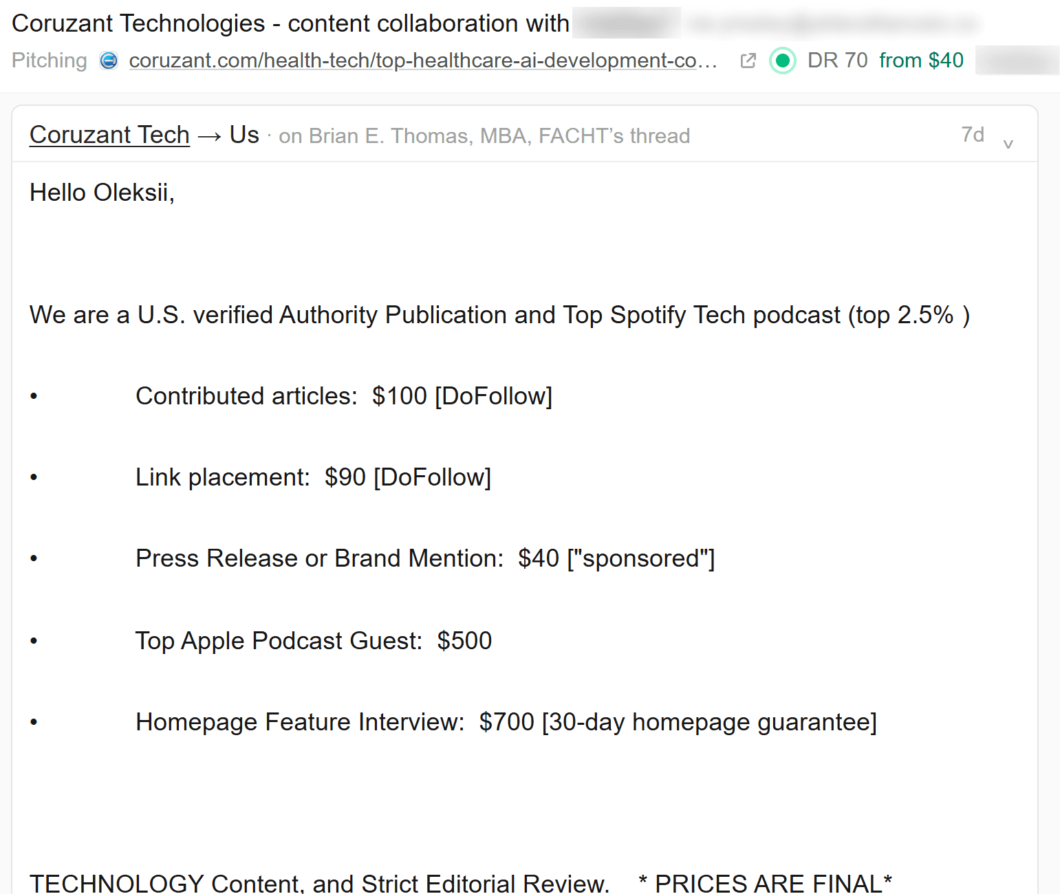 Reply from a DR 70 technology publication with a price list starting at $40 for a brand mention