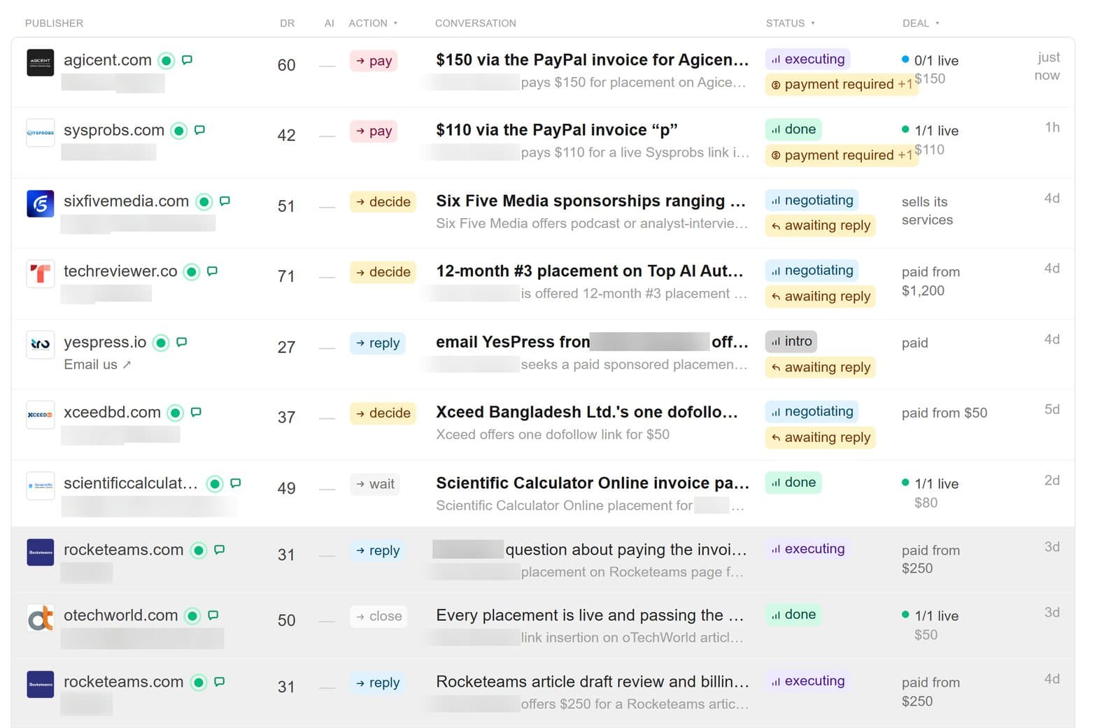 GEOboom inbox filtered to publishers who replied, with the publisher site, domain rating, conversation summary, status and offer for each thread
