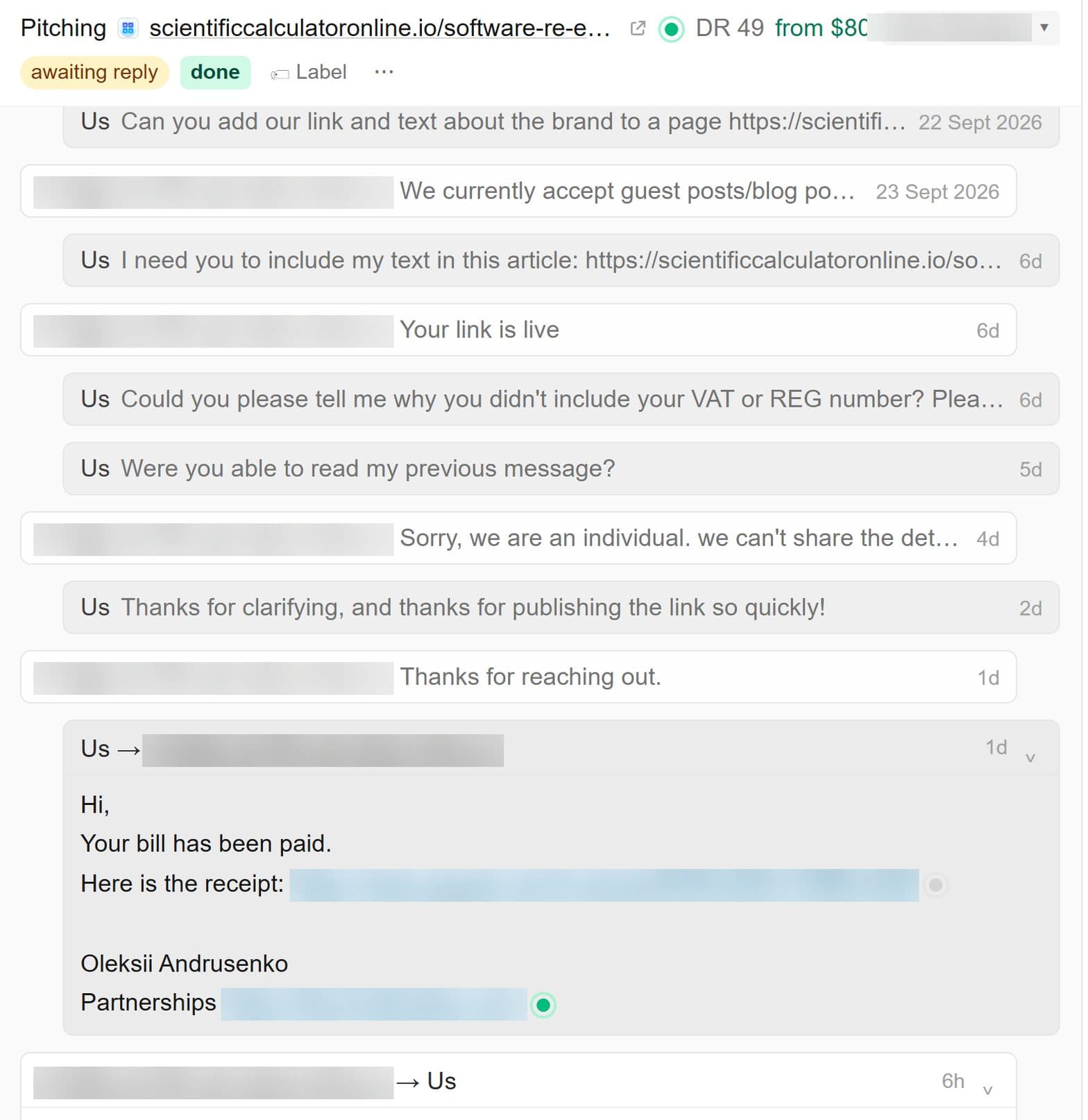 Thread with a DR 49 calculator site: a paid link insertion on its software re-engineering page for $80, the publisher confirms the link is live, the invoice is paid