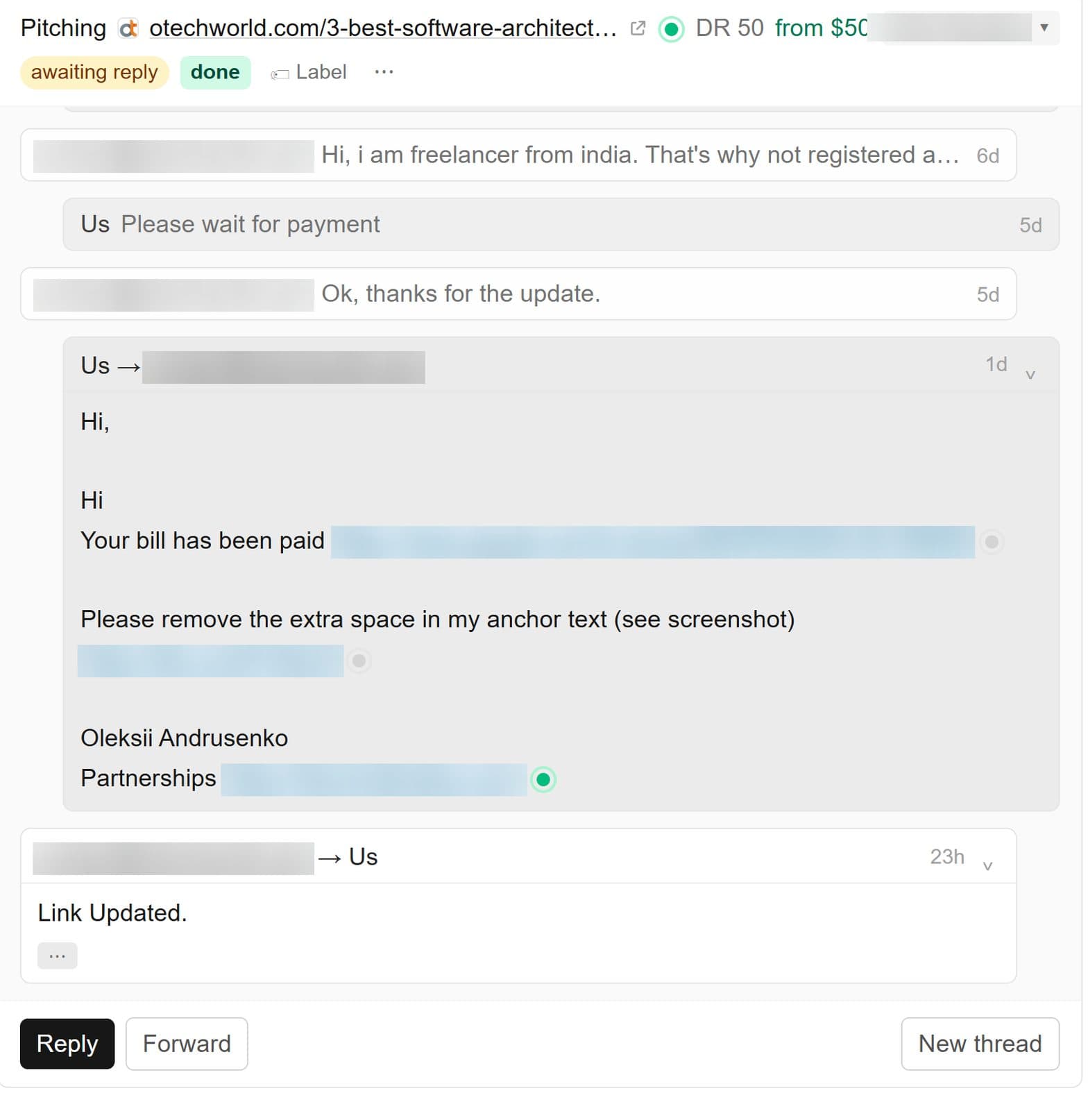 Thread with a DR 50 technology blog: a $50 link insertion is live, and the anchor text is fixed on request