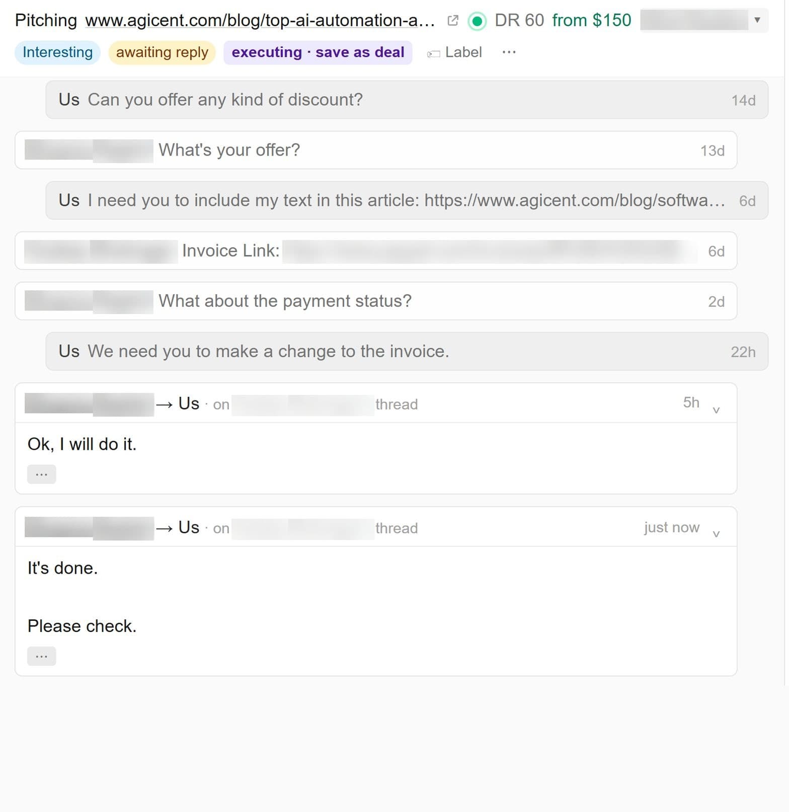 Thread with a DR 60 app development site: $150 agreed for a link in a software modernization article, and the invoice corrected on request