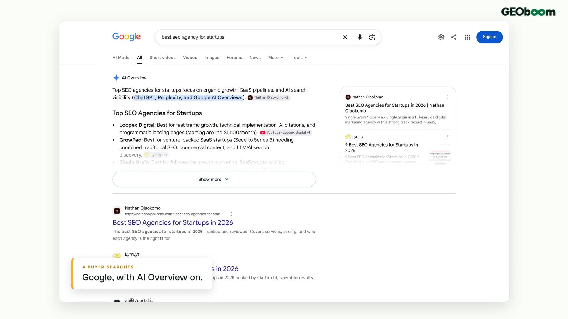 Google results for “best seo agency for startups”, with GrowPad named in the AI Overview