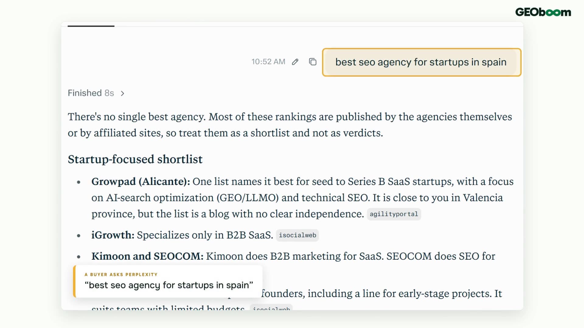 Perplexity answering “best seo agency for startups in spain”, with Growpad first on the shortlist